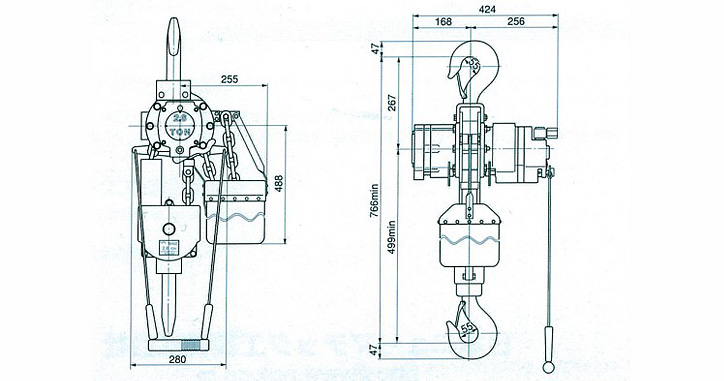 RHL-2800拉桿式氣動葫蘆尺寸參數